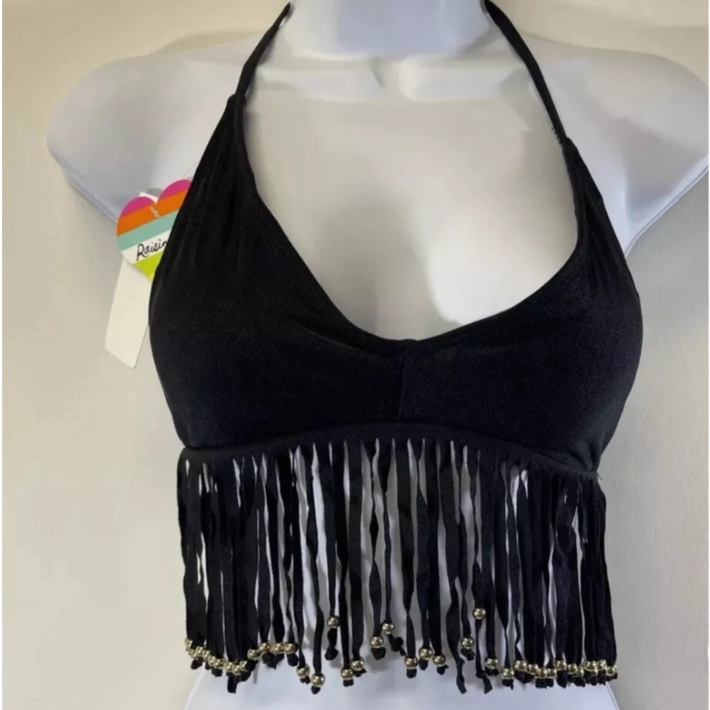 Raisins Tribal Fringe Bikini Swim Top Black Size M